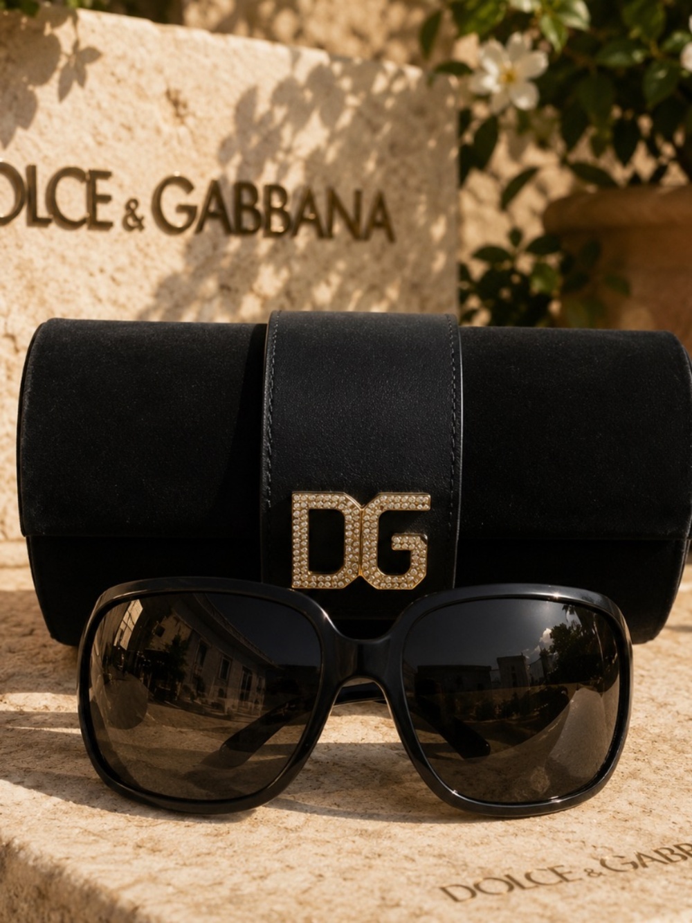 Dolce & Gabbana DG Oversized Black Sunglasses Rhinestone Logo with Case